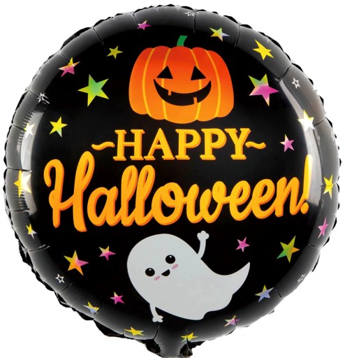 HALLOWEENSKÝ FÓLIOVÝ BALÓN, okrúhly, ČIERNA, TEKVICA HAPPY, DUCH, NÁVOD, 45 cm