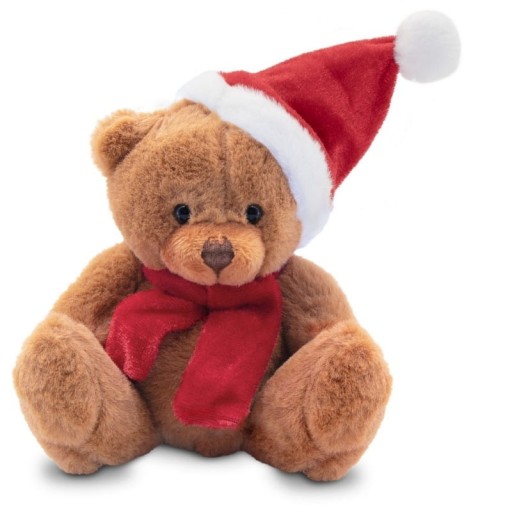 MASKOT MEDVEĎ SANTA Hnedé Vianoce v čiapke a šatke Plyšová hračka