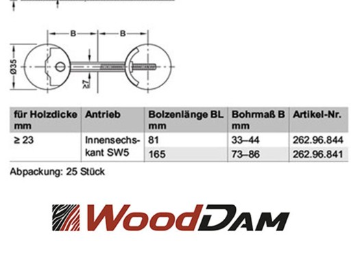 Stolový konektor ZipBolt 35/M6x81mm