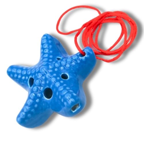mini OCARINA keramická STAR modrá, 6 otvorov, rúčky, noty ocarina