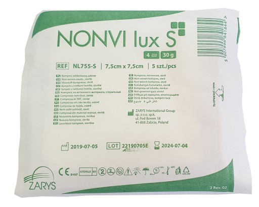Netkané obklady sterilné gázové tampóny Zarys NONVI Lux S 7,5cm x 7,5cm 125 ks.