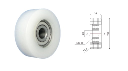 Plastový valček s priemerom ložiska 38mm, priemer 8mm