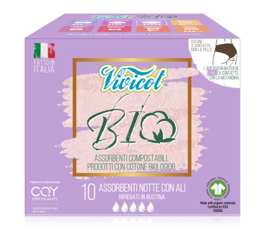 Hygienické vložky OVERNIGHT, s krídelkami, bavlnené, bez chlóru, 14 ks Vivicot BIO