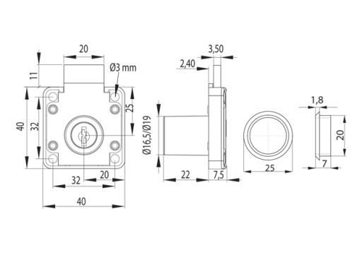 X-850 patent nábytkový zámok kancelárska skriňa 19x22mm