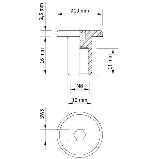 Matica Ericson M8 x 16 mm, nábytková objímka na spoje, biely pozink