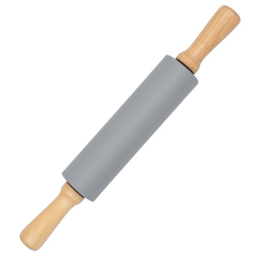 SILIKÓNOVÝ ROLOVACÍ VALEC, NEPRIĽNAVÉ, DREVENÉ RÚČKY, 38CM, SIVÁ