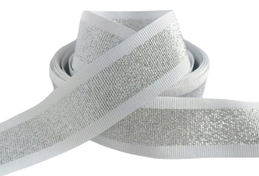 Grogrénová stuha 30 mm biely a strieborný biely strieborný prúžok