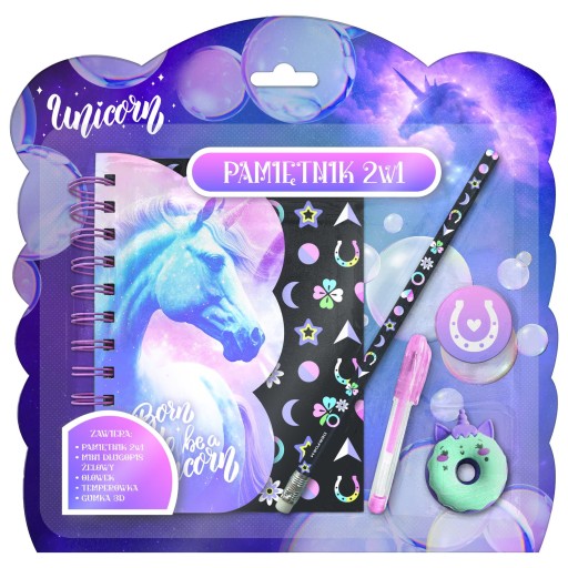 Diár 2v1 s visiacim zámkom + sada náčinia Derform unicorn