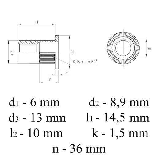 Nitovacia matica, nehrdzavejúca oceľ, plochý golier, M6x14,5mm, INOX A2, 10 kusov