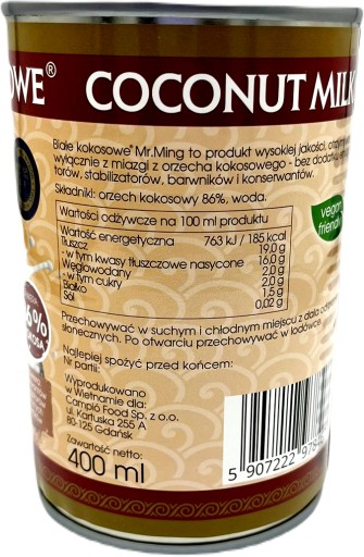 Mlieko Kokosové mlieko 400 ml Mr. Ming BEZ E-Pure Zloženie 17-19% tuku