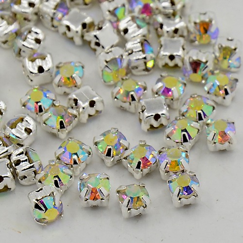 Štrasové kamienky na šitie, sklo/mosadz, trieda A, krištáľ AB, 3-3,2 mm, 50 kusov