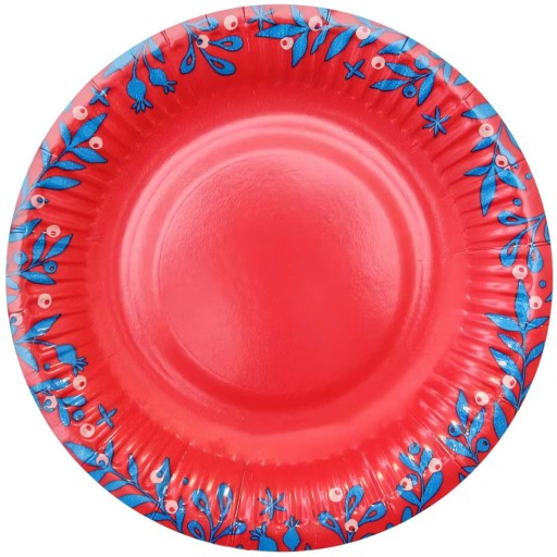 NECH SNEŽÍ papierové TANIERE, vianočné ČERVENÉ, modré listy, 18 cm