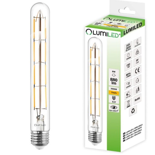 E27 LED žiarovka 8W Filament T30 Tubus 360° 3000K Teplá biela