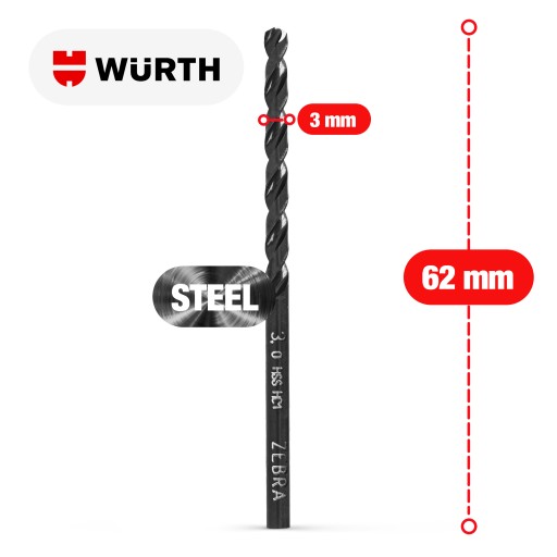 Vrták do kovu 3mm špirálový HSS ZEBRA DIN338 130° do ocele WURTH 3mm
