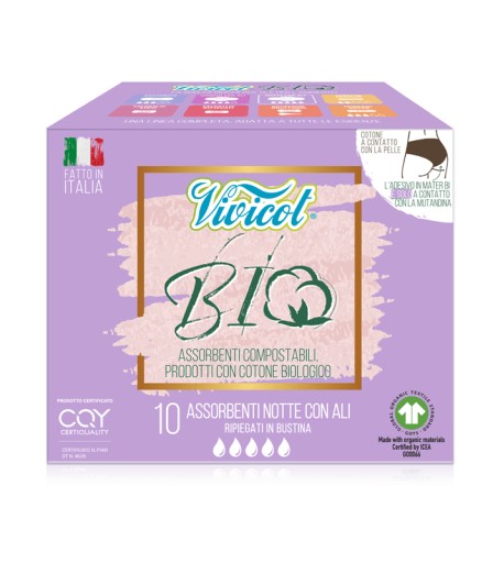 Vivicot BIO Bavlnené hygienické vložky s krídelkami na noc, 10 ks