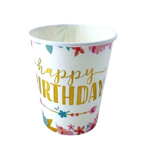 Happy Birthday BOHO FLOWERS zlatý nápis Birthday papierové poháre 10 ks.
