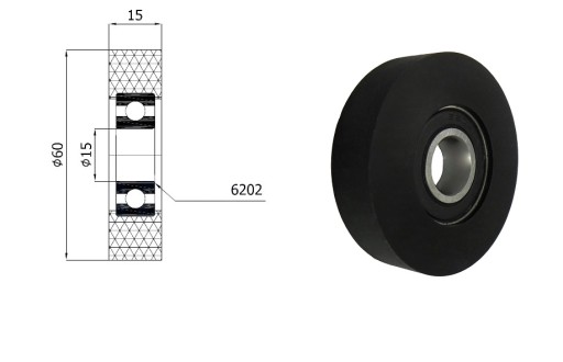 Polyuretánový valček s ložiskom, priemer 60 mm, priemer 15