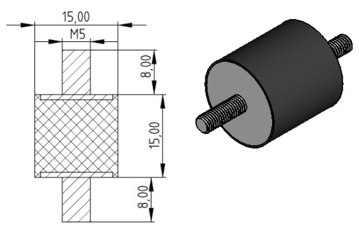 VIBRO ISOLATOR Gumový vankúš tlmiča 15x15 M5