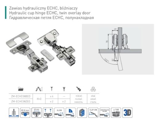 Samozatvárací/hydraulický polozadlabávací pánt hc08 + vedenie H=0