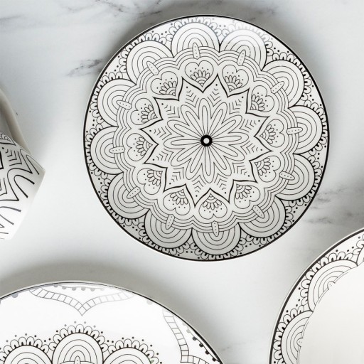 DEZERTNÝ tanier, plytký, tortička, porcelánový dezert, biela, čierna MANDALA