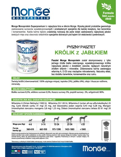 MONGE DOG OVOCIE M KRÁLIEK S JABLKOM 400g