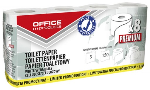 PREMIUM celulózový toaletný papier, 3-vrstvový, 150 listov, 8 roliek OFFICE
