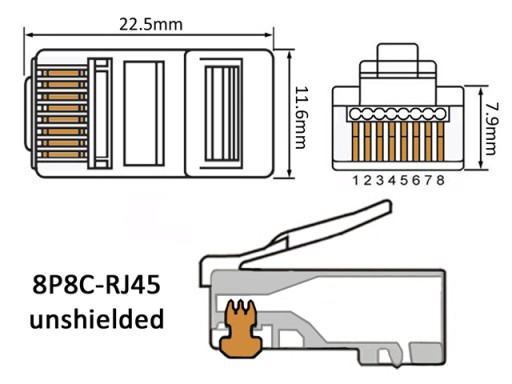 Zástrčka RJ45/8P8C UTP cat.5E, krútená dvojlinka, drôt/lanko AWG24-26, priechodná, 10 ks.