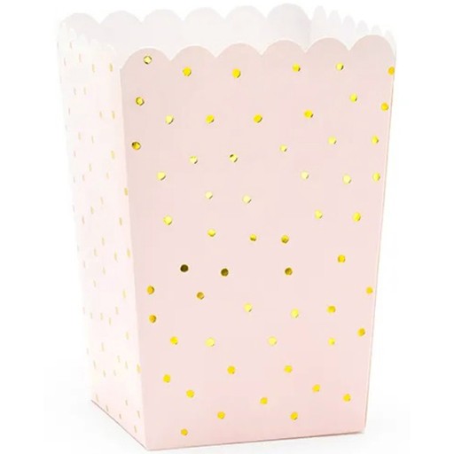 Popcorn boxy cukríky sladkosti ružové zlaté bodky narodeninová oslava 6