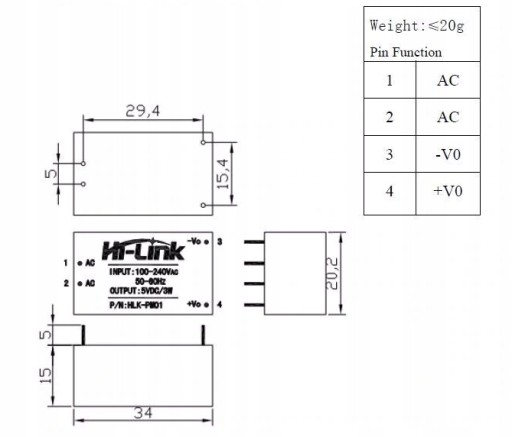 HLK-PM01 Modulárny AC-DC napájací zdroj 240V - 5V 3W 0,6A tlačový konvertor