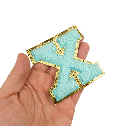 PATCH LETTER X, veľká aplikácia, trblietky ix cyan
