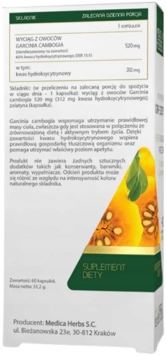 Medica Herbs Garcinia Cambogia 60 kapsúl Chudnutie Kontrola chuti do jedla Metabolizmus