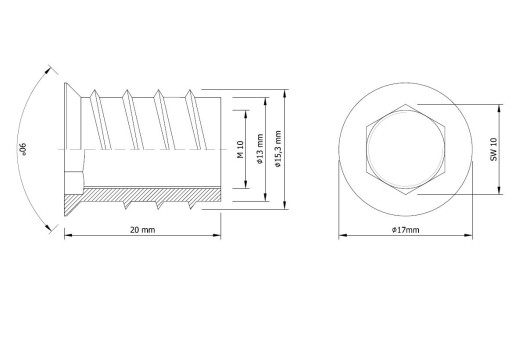 10x nástrčná skrutka M10 x 20 mm, dvojzávitová, skrutkovacia, drážkovaná skrutka do dreva