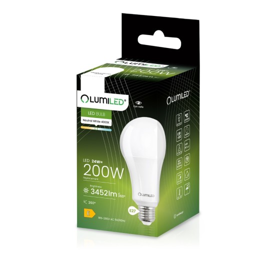 E27 A80 LED žiarovka 24W = 200W 3452lm 4000K Neutrál 260° LUMILED