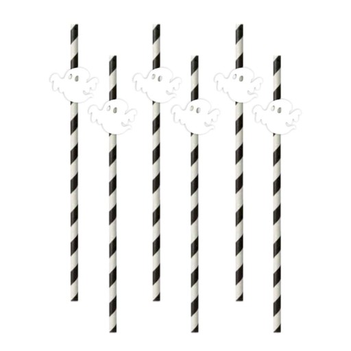 HALLOWEEN pruhované slamky biele GHOSTS duchovia x6