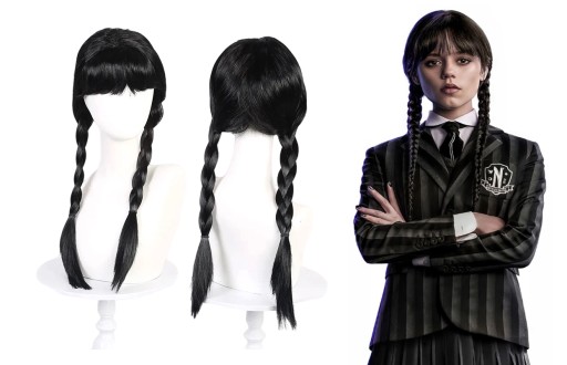 Streda Adams detská čierna parochňa s vrkočmi a ofinou