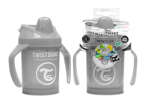 TWISTSHAKE STRIEBORNÝ hrnček S MIEŠAČOM 230 4m+ sivý