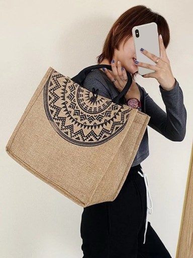 Béžová čierna plátenná taška Boho BAG A4