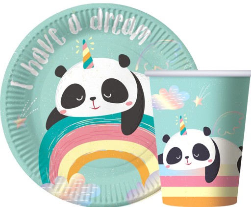 PANDA papierové taniere, poháre, dúha, farebné narodeninové PARTY BEAR