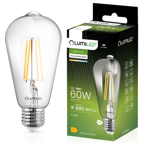 E27 EDISON ST64 LED žiarovka 8W = 60W 4000K Neutrál FILAMENT DEKORATÍVNE RETRO
