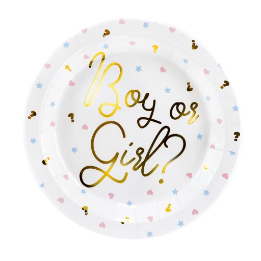 Papierové taniere pre GENDER REVEAL, nápis BOY alebo GIRL, 23 cm, 6 ks