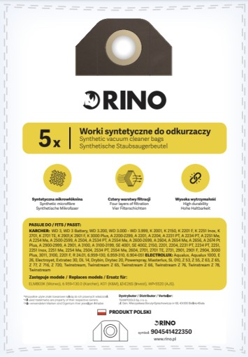 5x KARcher WD3 Rino WPRD2 SYNTETICKÉ TAŠKY DO VYSÁVAČA + VZDUCHOVÝ FILTER