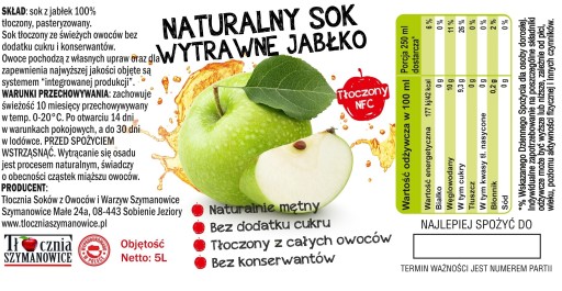 SUCHÁ JABLKOVÁ šťava 100% NFC, LISOVANÉ JABLKO 5L