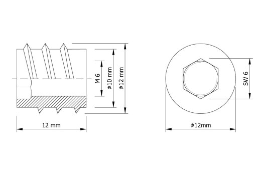 Zásuvka na skrutkovanie 10X M6 x 12 mm, nábytková vložka na drevo, so 6 imbusovým kľúčom
