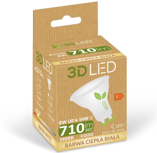 3D LED ECO 8W GU10 žiarovka do reflektora, teplá biela, 710 lm