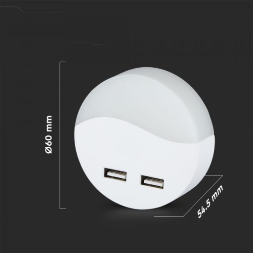V-TAC SAMSUNG nočná lampa do zásuvky s 2x USB nabíjačkou 10lm 3000k