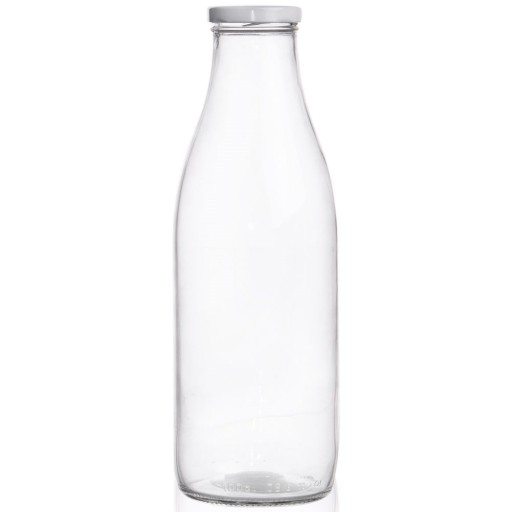 Fľaša na MLIEČKO, džús, mlieko, nápoje, sklo, s uzáverom, 1L