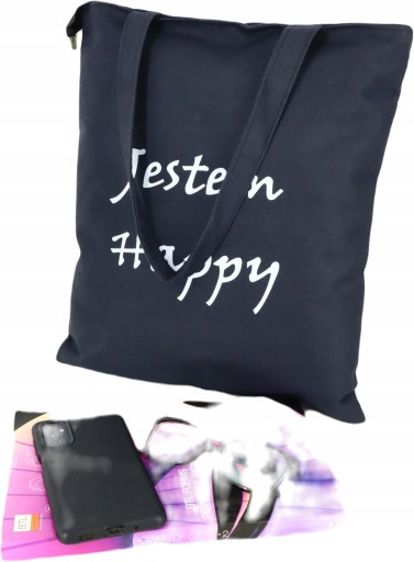 Nákupná taška I AM HAPPY, čierna