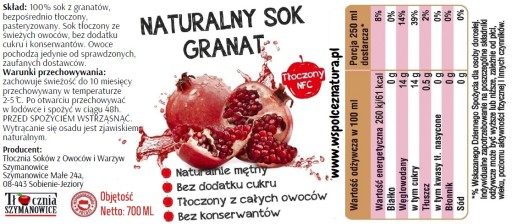Šťava z granátového jablka 100% NFC, lisované granátové jablko 700ml