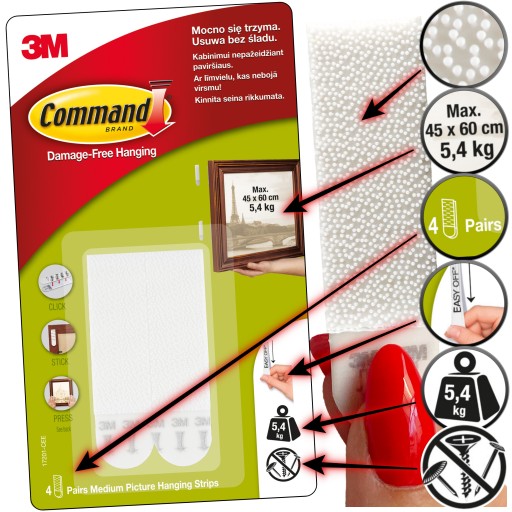 Suchý zips na obrázky 3M Command medium 8 ks 5,4 Kg