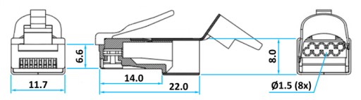RJ45/8P8C STP zástrčka tienená kat.6A krútená dvojlinka AWG23-26 chvostová spona SOLARIX